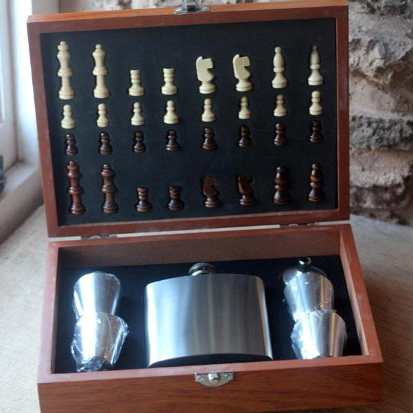 Travel Chess Set with personalised Hipflask and tumblers